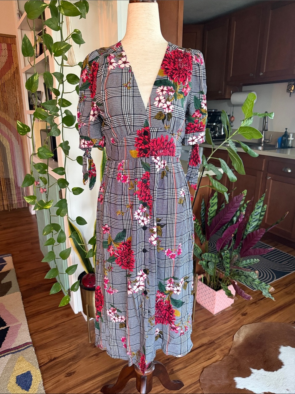 Mango Floral Plaid Wrap Midi Dress in Red and Gray